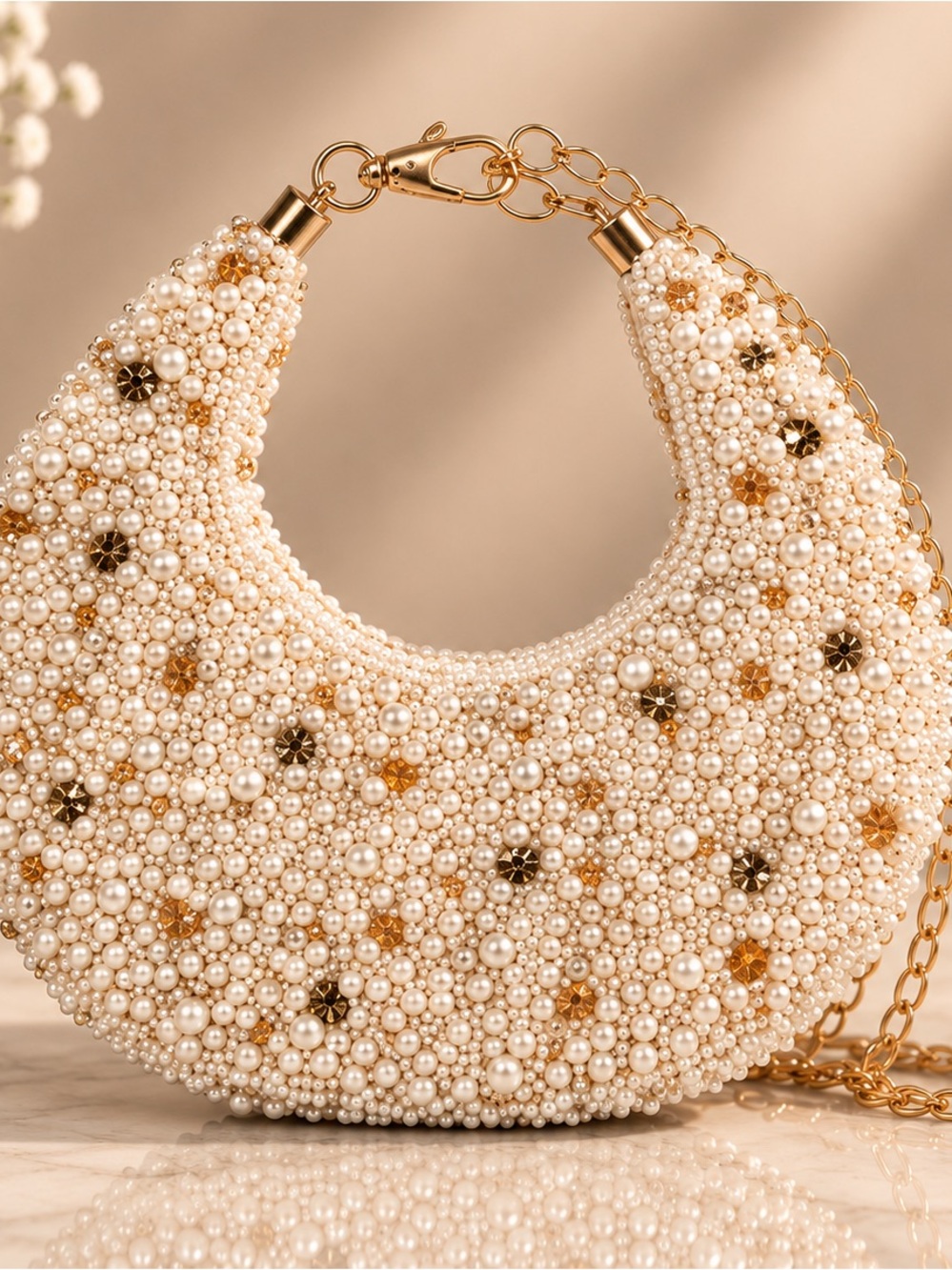 Pearl-Embellished Crescent Shoulder Bag - Cream/white